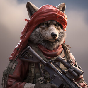 A female, anthromorphic Florida red wolf, wearing military gear,...