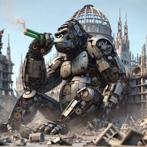 A colossal robotic simian, with visible gears and metal plates,...