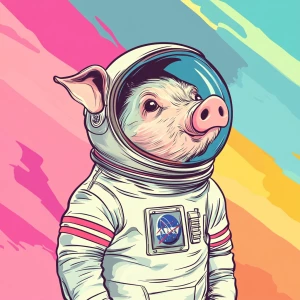 Cute cartoon pig in vintage white spacesuit and NASA style helme...