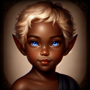 An elven baby with dark brown skin, blue eyes, and blonde hair.