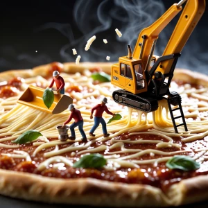 The tiny workers move dynamically across the pizza surface, care...