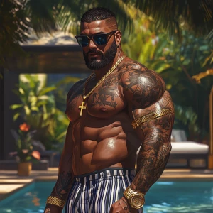 a muscular, bearded man with dark skin, wearing sunglasses, a go...