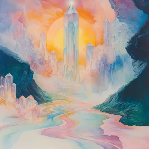 A dreamlike world of swirling pastel hues stretches across the c...