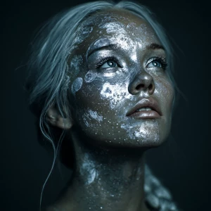 A luminous silver-skinned woman with hyper-detailed skin texture...