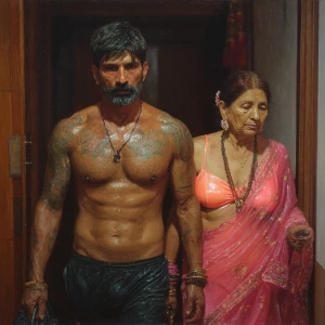 Hyperrealistic art,realism.a gujarati muscular beefy bearded tat...