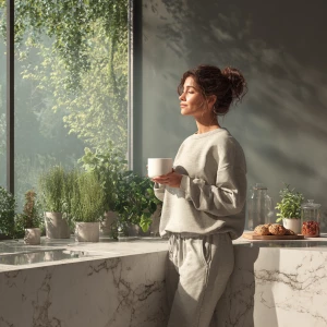 Soft morning light in a modern kitchen, a relaxed woman in casua...