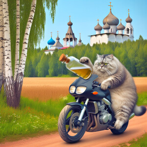 A big lazy cat riding a sport bike in Russia, drinking vodka and...