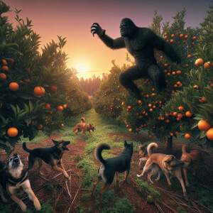 A black humanoid looking Bigfoot chased up an orange tree in an...