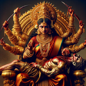 portrait of angry looking, four-armed indian goddess sitting on...