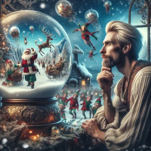 A whimsical scene depicting a blonde man at the North Pole gazin...