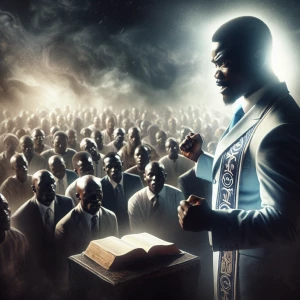 Create an image depicting an intense worship ceremony led by a commanding Central black preacher who, with authoritative presence, orders a demon to leave in Jesus's name, mirroring the spirit of Mark 16:17. Surround this figure with a devout black congregation immersed in passionate prayer, their voices blending in a symphony of fervent, indecipherable tongues, enhancing the atmosphere of spiritual confrontation.