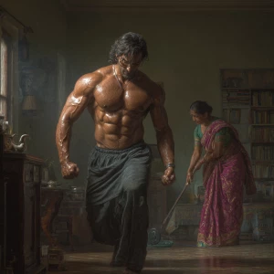 Hyperrealism ,a indian muscular beefy sweaty man exercising i...