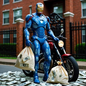 Iron Man, clad in a all blue armor suit adorned with a paisley pattern, stands confidently with a bag of money in each hand, surrounded by scattered dollar bills at his feet. He is leaning casually on a motorcycle. Behind him, there's a red brick apartment complex, secured by an elegant black wrought iron gate.