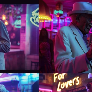 beautiful Jamaican elderly couple dancing romantically in a neon...