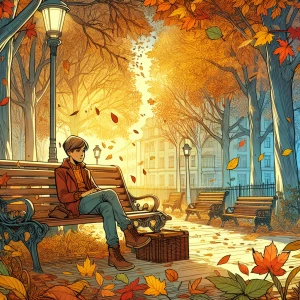 A boy sitting on a bench in a quiet park, surrounded by autumn l...