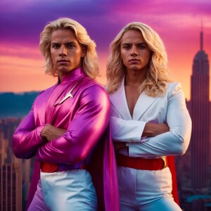 Illustrate two iconic superheroes on a city skyline at sunset. T...