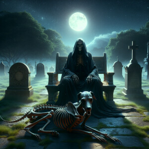 Create a realistic photo-style image of the Grim Reaper seated s...