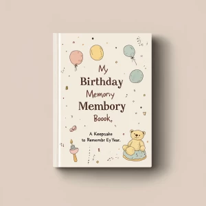 A 6x9 inch book cover with a soft, warm cream-colored background with a subtle paper-like texture. The main title, "My Birthday Memory Book," is centered in large, handwritten-style font in deep brown. Below it, in smaller serif font and in muted gold, is the subtitle: "A Keepsake to Remember Every Year." Surrounding the title are hand-drawn doodles in warm pastel tones (soft pink, muted blue, gentle yellow): a small baby rattle in the top left, a teddy bear sitting at the bottom left, a tiny birthday cake with a candle in the bottom right, and a floating balloon in the top right. Dotted lines in light brown gently connect these elements, creating a trail-like pattern. The cover is minimalist, with soft shadows to add depth but no harsh contrasts.