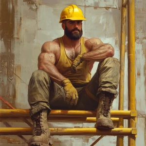 A muscular man sits on scaffolding. He wears a yellow hard hat,...