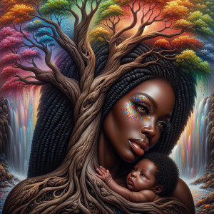Create a close-up, hyper-realistic 3-D oil painting of a tree wi...