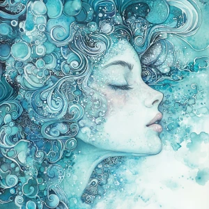 Create a detailed watercolor illustration of a woman exuding mys...