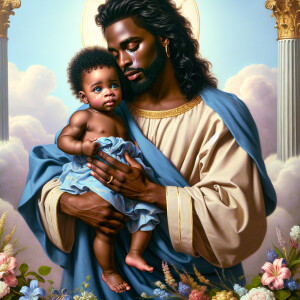 Classical oil painting style depicting an African-American Jesus...
