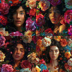 A Beautiful Black haired woman surrounded by Differently Colored...
