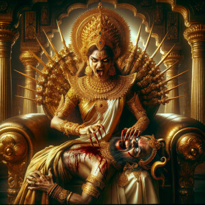 portrait of angry looking goddess durga sitting on a gold crown...