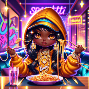 Design a vibrant and chic dinner-time scene where an adorable me...