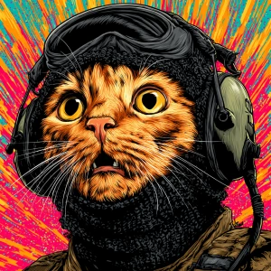 A wide-eyed ginger cat wearing a black tactical balaclava (or ma...