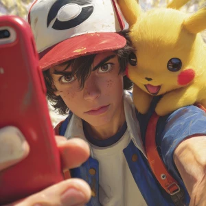 Create a hyperrealistic image of Ash Ketchum from Pokémon taking...