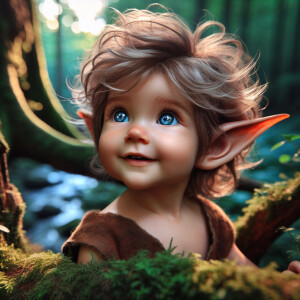 An elven baby with dark brown skin, blue eyes, and blonde hair.