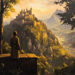 a medieval man looking at a massive and magnificent medieval kin...