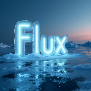 A futuristic and visually striking ["Flux Dev" text ] made of ice in arctic