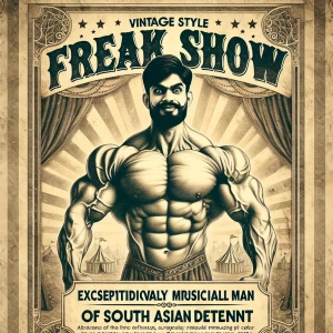 Create a vintage-style Freak Show poster featuring the Strong ma...