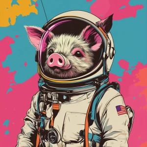Cute cartoon pig with CAT face in vintage white spacesuit and NA...