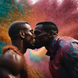Two muscular African American men sharing a gentle kiss, exuding...