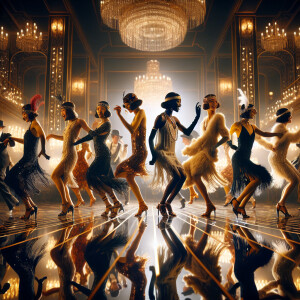 A scene of Japanese- Afrocentric American 
Flapper girls energet...