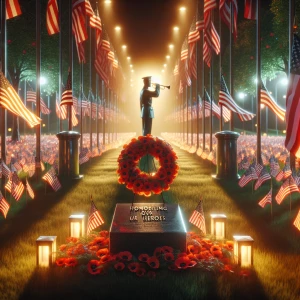 "Visualize a serene and respectful Memorial Day scene, featuring...