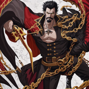 Dracule Mihawk, a tall, lean, and muscular man with black hair,...