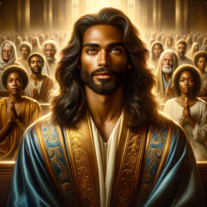 Illustrate an inspiring African-American Jesus crust with a dign...