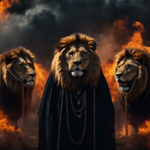 Grim Reaper standing holding 2 fierce looking lions on a burning...