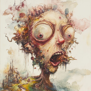 A grotesque figure looms over a whimsical watercolor landscape,...