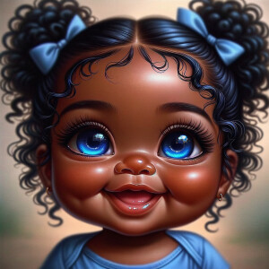 ultra realistic Chibi Style oil painting of Med olive skin  cute African-American American baby girl with deep deep dimples on both checks smiling huge, blue eyes, wearing a blue onesie two curly black pigtails with blue
 ribbons. crystal blue eyes. up-close view bokeh background

S/O Genae Kulah