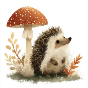Cute hedgehog sitting calmly beside spotted mushroom, vintage il...