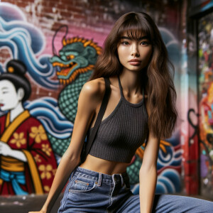 Very thin Athletic Thin skinny Attractive, Asian teenage girl, long brown hair and bangs, wearing tight skinny jeans and a halter top paint marks on her clothing, sitting side view heroic pose Asian graffiti