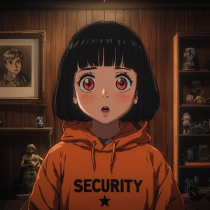 Create an image of a young anime-style character with short blac...