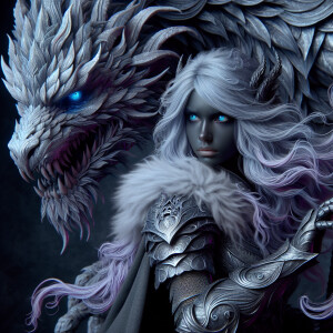A beautiful huntress from the “Monster Hunter” series with dark...