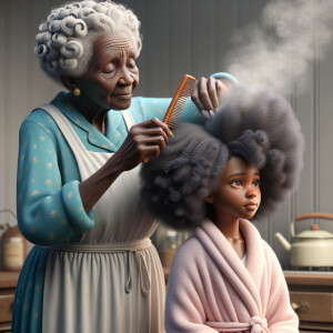 Create a realistic 3-D image of an african-American grandmother wearing a blue house dress and a white apron . She is in the kitchen with her african-American granddaughter. Her granddaughter is wearing a pink bath robe. The grandmother has a hot comb in her hand and she is straightening her granddaughters hair. One side of her granddaughters hair is in  a Afro the other straight 
There is smoke coming from the hot comb
The granddaughter is making a face