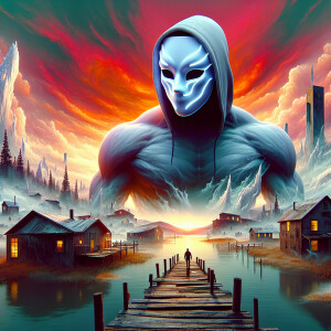 surreal scene where a  highly muscular Jason Voorhees silhouette...